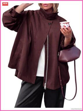 Oversized Trench Coat Stand Collar Button Front Long Sleeve Casual Fall Spring